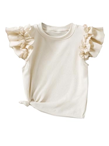 Girls' Ruffle Sleeve Shirts Ribbed Knit Cute Tops Crew Neck Summer T Shirts