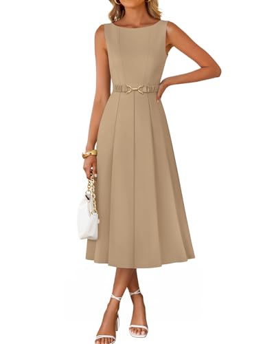Image of ZESICA Women Summer Sleeveless Midi Dresses 2026 Elegant Boat Neck A Line Tie Waist Spring Cocktail Party Dress