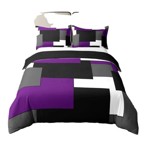 Image of Homewish Geometric Square 100% Cotton Duvet Cover Super King For Kids Teens Adults,Modern Abstract Bedding Set,Purple Black White Bed Set,Minimalist Quilt Cover with 2 Pillowcases Bedroom Decor