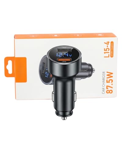 Carregador Veicular Turbo 87.5W com Display Digital, USB-A e USB-C, PD 65W + QC 22.5W, Compatível com Android e iOS