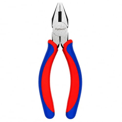 INGDAUM® Kombizange, Universalzange, Linemann-Zange, Kombinationszange, 160 mm. mit Schneide und mit Zweikomponenten-Griffen Rot-Blau für Reparaturen, Montagen, Biegen und Schneiden