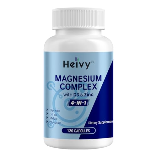 Heivy 4 in 1 Magnesium Complex with Zinc & Vitamin D3, 320mg Elemental Magnesium (Glycinate/Citrate/Gluconate/Malate), 120 Capsules (4 Months Supply), Vegan, Non-GMO, Gluten-Free, 3rd Party Tested