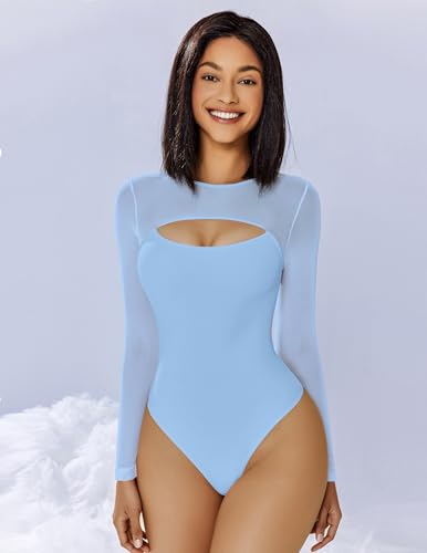 Image of Avidlove Bodysuits for Women Round Neck Long Sleeve Mesh Bodysuit | Sexy Sheer Top Double Lined Shapewear Cutout Shirt