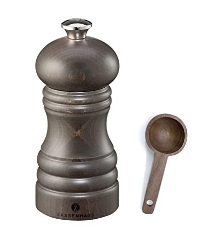 Zassenhaus Berlin Dark Stained Wood Pepper Mill Gift Set, Refillable Grinder, 4.7 Inches - With Wooden Spice Scoop