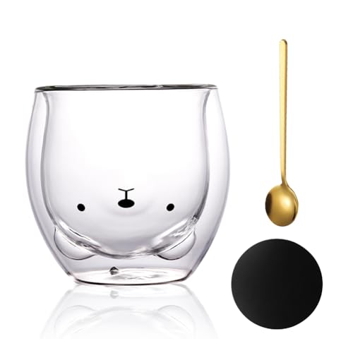 Yuragim Bicchieri con doppia parete, tazza con orso dolce, tazze da tè, bicchieri da caffè, 250ml, bicchiere da caffè con doppia parete, vetro borosilicato, bicchieri isolanti, tazze da caffè, regali