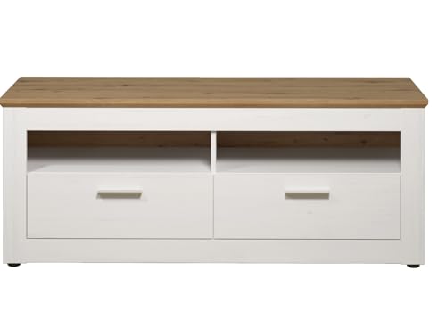 trendteam smart living - Shade - Fernsehschrank - Weiß/Eiche - TV-Unterteil mit 2 Schubladen und 2 offenen Fächern - (BxHxT) 148 x 59 x 45 cm - silberfarbene Griffe