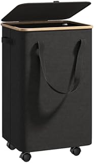 WQZzjm Cesta de lavandería Plegable con Tapa, Cesta de Almacenamiento con Asas de bambú, 70 l, con Bolsa Interior extraíble para Dormitorio, baño y Dormitorio (Negro)