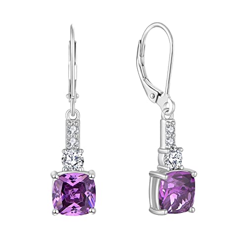 Jo Wisdom Women Earrings,925 Sterling Silver Leverback Dangle Earrings With 8 * 8Mm Square Cut 5A Cubic Zirconia February Birthstone Amethyst Color #TOP6