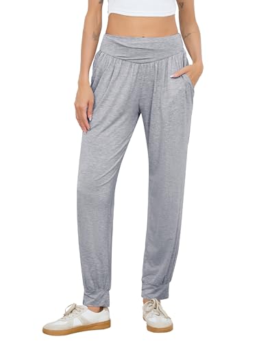Vlazom Pantalones Yoga Mujer Bombachos Casuales de Cintura Alta con Cordones,Pantalones Bloomers Anchos para Ejercicio y Uso Cotidiano(M,Gris Claro)