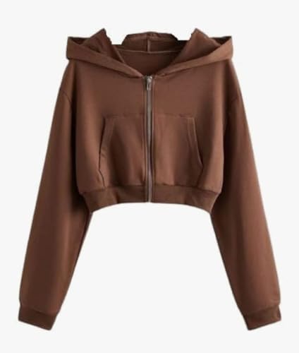 Image of Rabboni Women's Crop Fleece Hoodie Jacket | Full Sleeve Zip-Up Hooded Sweatshirt for Women & Girls | Soft Warm Casual Winter Wear Crop Hoodie