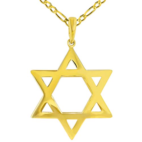 Polished 14K Yellow Gold Large Star Of David Pendant With Figaro Necklace, 22" #TOP29