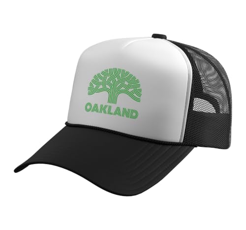 Oakland California Oak Tree Symbol City Logo Green Style Trucker Hat with Adjustable Mesh Back, Black/White