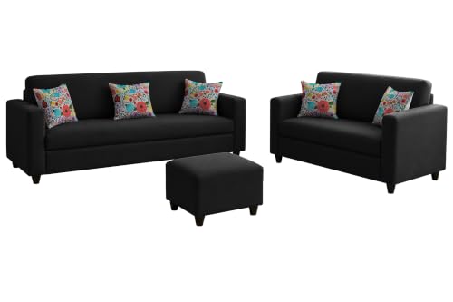 Image of Rosebell 3+2 Fabric Sofa Set with Ottoman | Premium Upholstery 5-Seater Sofa | with Printed Cushions | Living Room Furniture |Black-Color