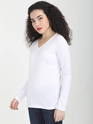 Image of FLEXIMAA Women's Cotton Plain V Neck Full Sleeve T-Shirt