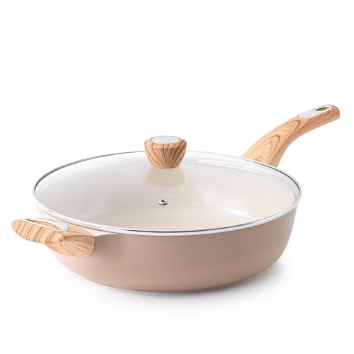 SENSARTE 30cm Beige Keramik Tiefe Bratpfanne mit Deckel, 4.7L Sautepfanne mit Deckel, Große...