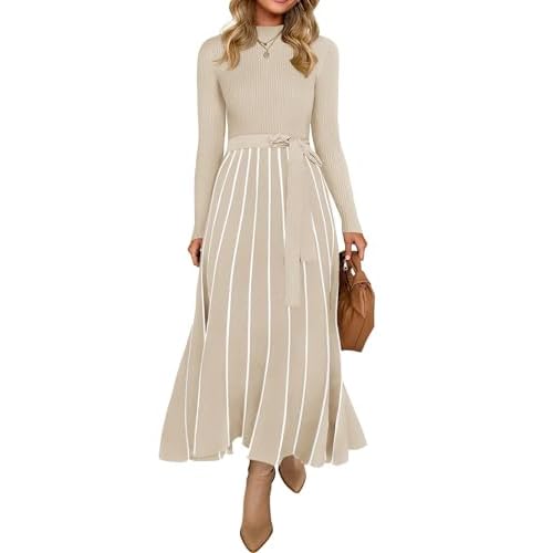 ZESICA Womens 2026 Fall Turtleneck Long Sleeve Sweater Dress Tie Waist Casual Loose Ribbed Knit A Line Midi Dresses