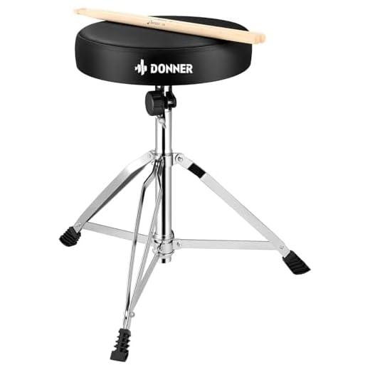 Taburete de batería con Baquetas de Madera de Arce, Taburete de batería Donner, Altura Ajustable 48-58 cm para batería electrónica, batería, Carga máxima 90 kg