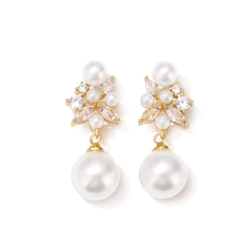 Pearl Drop Dangle Earrings for Women, Pearl Wedding Earrings for Brides Dangling, CZ Bridal Earrings for Wedding Bridesmaids, Prom Jewelry Gifts