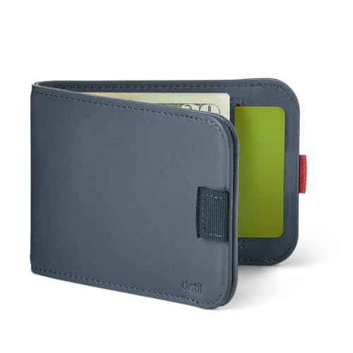 Image of Distil Union Wally Bifold 5.0 Slim Bifold Wallet for Men - Minimalist RFID Leather Wallet, Pull Tab Card Holder & Money Clip - Holds 14 Cards & 30 Bills - No ID Window - Navy