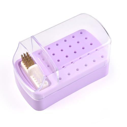 siyuwuro 2 in 1 Nail Drill Bit Holder & Nail Drill Bit Cleaner Brush Case 30 Holes Dustproof Nail Drill Bit Display Stand Organizer Box Manicure Drill Bits Cleaning Brush Bits Storage Tool, Purple