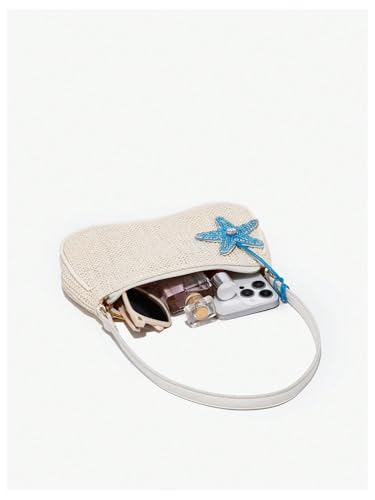 Verdusa Women's Boho Seashell Shoulder Bags Zipper Single Strap Straw Handbags Underarm Purses4