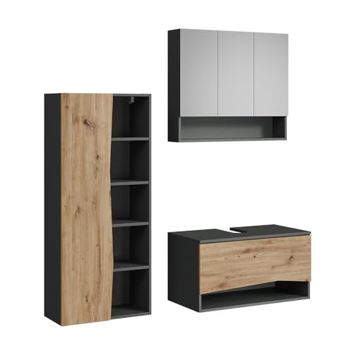 Vicco Juego de Muebles de baño de 3 Piezas Willow, Artesano, 80 cm, Compuesto por Mueble bajo Lavabo, Espejo con Armario y Columna de baño