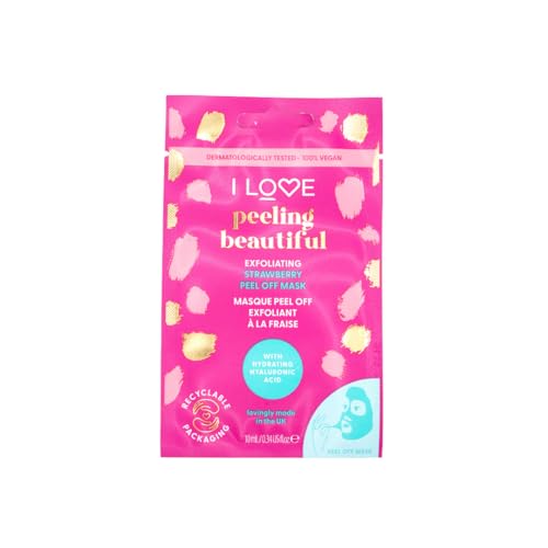 Mascarilla exfoliante con texto en inglés 'I Love Peeling Beautiful'