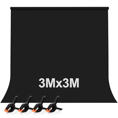 Wexoma Telo Nero Fotografico, 3M x 3M Sfondo Nero per Foto, Sfondo Fotografico 3 x 3m a Tinta Unita Addensato e Denso con 4 Molle per Studio Fotografico e Registrazioni Televisive