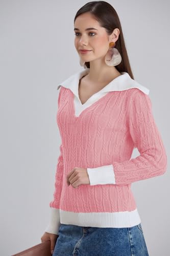 Image of Sweaters for Women Fashion Long Sleeve Lapel Collar V Neck Casual Knit Color Block Pullover Sweater