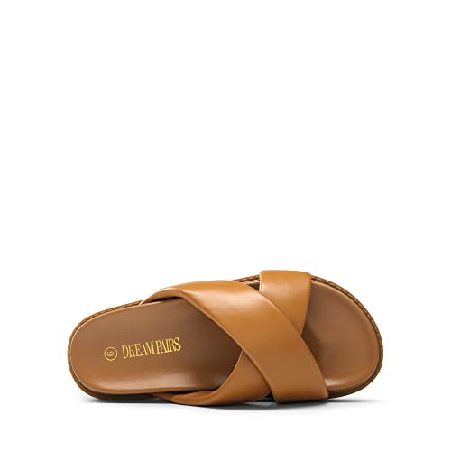 DREAM PAIRS DREAM PAIRS Women's Crisscross Open Toe Slide Sandals Flat Comfort Slip on Sandals,Size 8,Brown,SDSS2224W