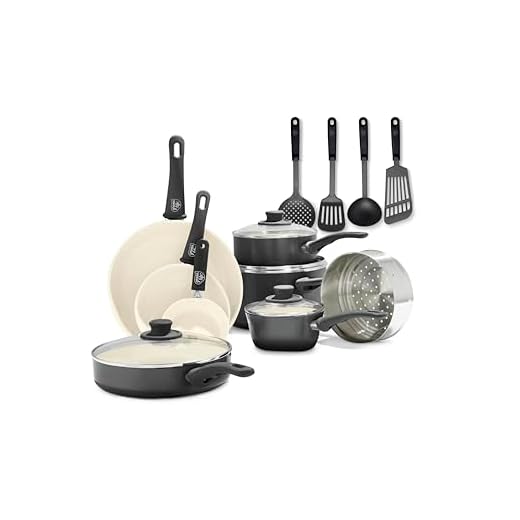 GreenLife Soft Grip 16 Piece Cookware Set, Non-Toxic PFAS-Free Ceramic Nonstick, Frying, Sauce, Saute, Utensils, Glass Lids, Stay-Cool Handles, Wobble Free, Dishwasher & Oven Safe, Black and Cream