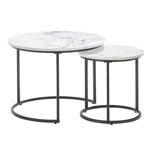 Round Nesting Coffee Table Set of 2, Modern Marble Pattern Wooden Nesting Tables, Stacking Minimalist End Table for Living Room Bedroom Small Space, White & Black