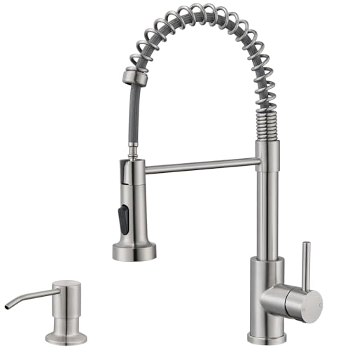 Comparison: Best Kitchen Faucet For Rental Property 10 SOEBIZ Kitchen Sink Faucet with Sprayer Brushed Nickel Stainless Steel Single Handle 1 or 3 Hole Dual Function Spring Commercial Kitchen Faucets for Farmhouse Camper Laundry Rv Bar