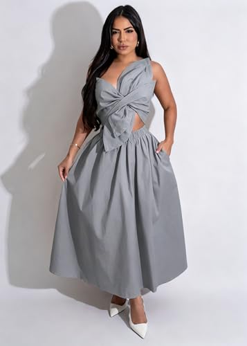 Image of YUEWOO Midi Dresses for Women Casual Summer Sundresses Vacation Outfits Spaghetti Strap Smocked Women Maxi Dress with Pockets