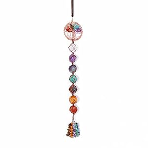 Jovivi Tree of Life Crystals Hanging Ornament Natural 7 Chakra Healing Stones Wall Ornament Feng Shui Window Hanger Hanging Ornament for Home Decoration 21″