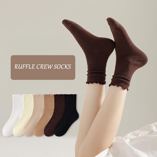 Image of Women Ruffle Crew Socks Cute Frilly Lettuce Turn-Cuff Calf Dress Sock 6 Pack