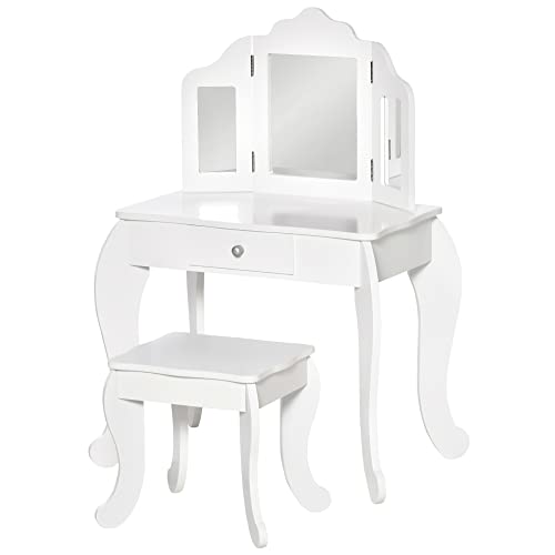 HOMCOM Coiffeuse Enfant avec Tabouret, Miroir triptyque et tiroir Coulissant - Coiffeuse dim. 63L x 40l x 85,5H cm - MDF Blanc Acrylique