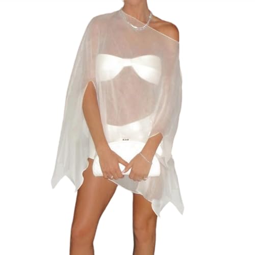 Bocymolay Women Chiffon Cape Shawl Wrap Sheer Poncho Top Cover Up Shrugs Shawl Evening Dresses Wedding Party(Sheer White,One Size)