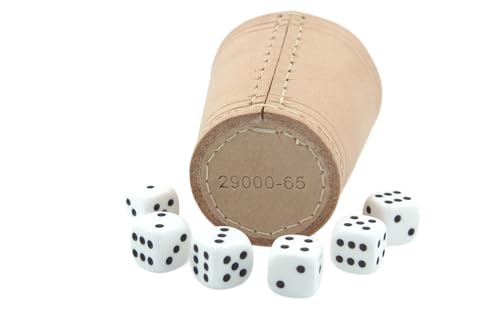 KENDi GAMES - Qualitäts Würfelbecher - echt Leder - Höhe 9 cm - Durchmesser 7 cm - Set mit 6 weißen Würfeln und Kurzanleitung - Play: TOOSMASTER