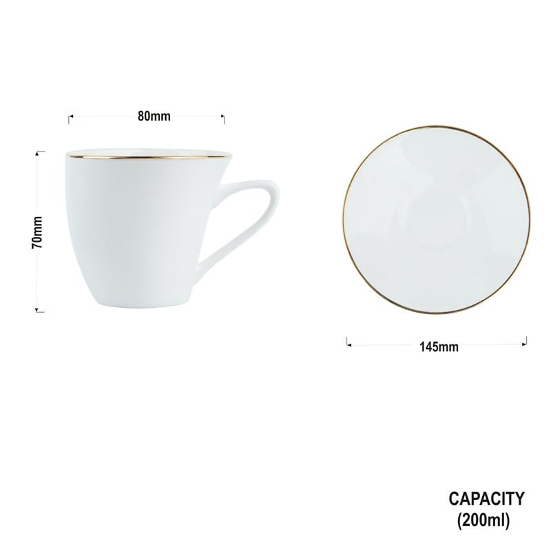 Image of Dandy Lines England Alpine Gold Band Coffee Mug & Cup Set, 6 Cups & Saucers, Elegant White, Bone China, Pack of 12, Microwave & Dishwasher Safe, Great for Hosting & Gifting