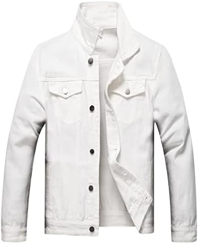 BULUWIE Jean Jacket for Men, Fashion Mens Denim Jacket Washed Classic Casual Distressed Ripped Slim Fit Trucker Jacket（2071 White-L）