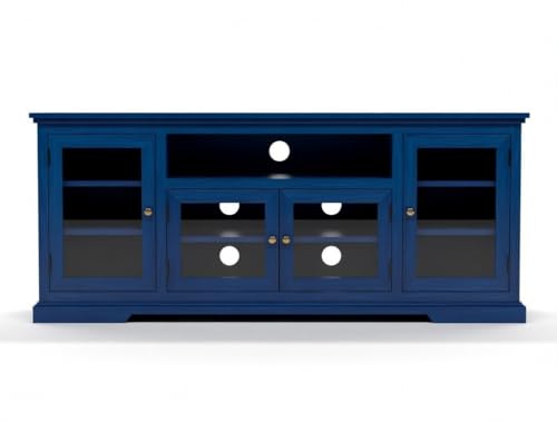 Image of Sheesham Solid Wood TV Cabinet for Living Room | Handcrafted Wooden TV Unit with Storage | Elegant Entertainment Stand for Modern Homes (Glass Tv Cabinet, Blue)