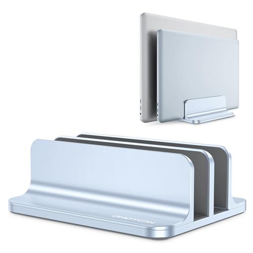 OMOTON [Versione aggiornata doppio supporto verticale per computer portatili, doppio supporto per laptop con dock regolabile (per laptop fino a 17,3 pollici) per tutti i MacBook Air/Pro (celeste)