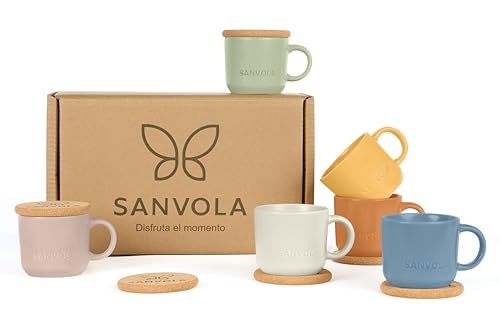 6 tazas desayuno 350 ml, juego tazas de cafe con tapa-posavasos de corcho, tazas cafe con leche cerámica premium mate, tazas aptas microondas y lavavajillas, caja regalo, tazas originales para regalar