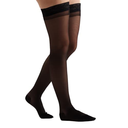 Image of EvoNation Women's Sheer Thigh High 15-20 mmHg Compression Stockings | Nylon-spandex fabric with lace-silicone top band, sandalfoot design and reinforced heel for secure all-day wear