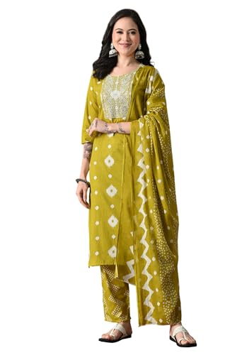 Image of Amazon Brand - Tavasya Women Cotton Anarkali Kurta Pant Dupatta Set | Printed Ethnic Suit Set | Flared Anarkali Kurta with Pant & Dupatta | Festive & Casual Wear