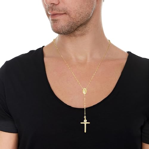 Floreo 10k Yellow Gold or Tri-Gold 2mm Rosary with Virgin Mary Medal and Crucifix of Jesus Cross Pendant Chain Necklace3