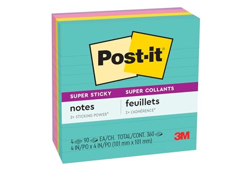 Post-it Super Sticky Notes Lined 4 x 4 in (101 x 101 mm) 675 Miami Assorted colors 4 pads/pack | Extra Sticky Notes | For Note Taking To Do Lists | Clean Removal | Recyclable | 90 sheets/pad