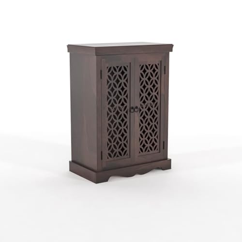 Image of Solid Sheesham Wood Sideboard and Cabinets | Wooden Side Board Small Cabinet for Living Room | Free Standing Buffet Cabinet with 2 Door Cabinet Storage | Rosewood, Walnut Finish