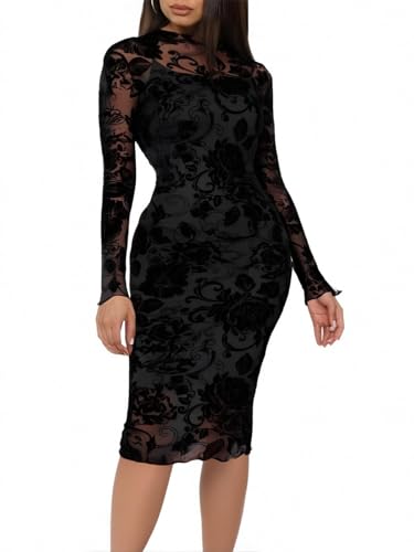 Mojessy Sexy Dresses for Women Long Sleeve See Through Bodycon